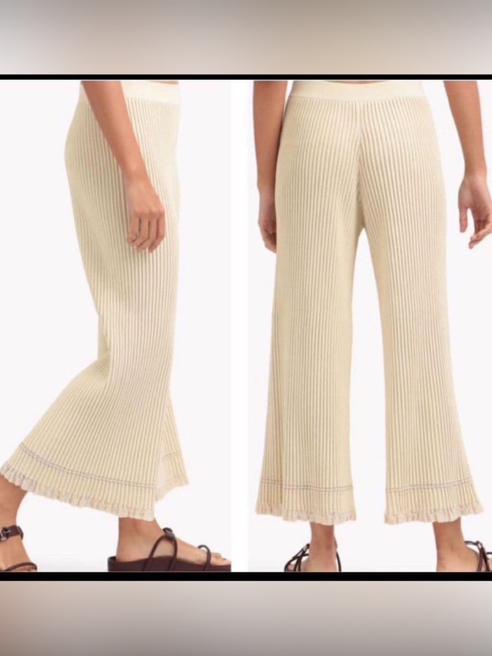 Theory Crema Cream Ottoman Ribbed Knit Wide-Leg Culotte Pants Size L
